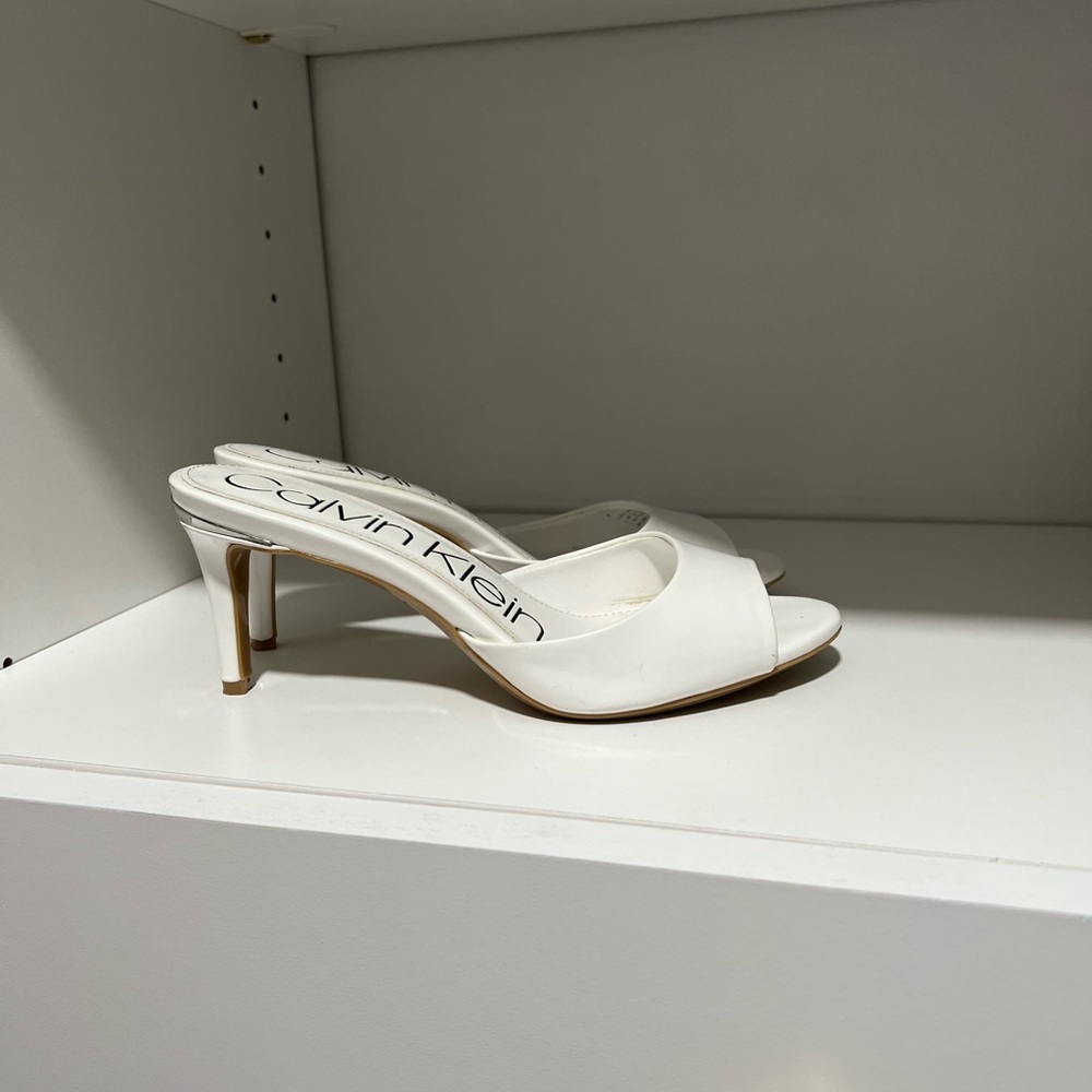 Women CALVIN KLEIN Luc 2 Heeled Slip On Sandals Patent White